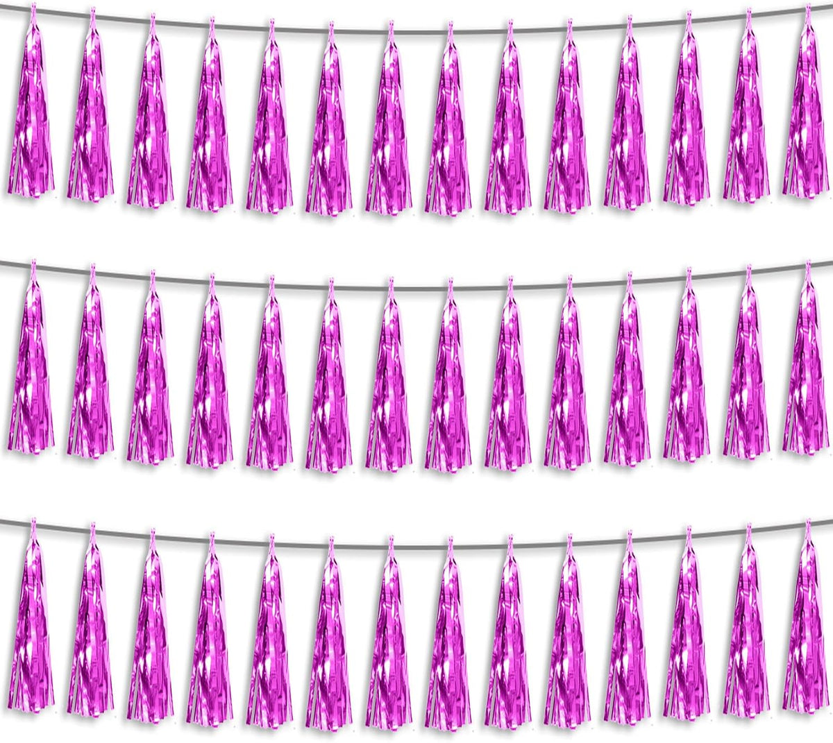 3P Fuchsia Foil Fringe Metallic Tassel Streamers Banner Tassel Garland for Parade Floats, Bachelorette, Wedding, Birthday, Halloween, Christmas, Bridal/Baby Shower Party Decorations