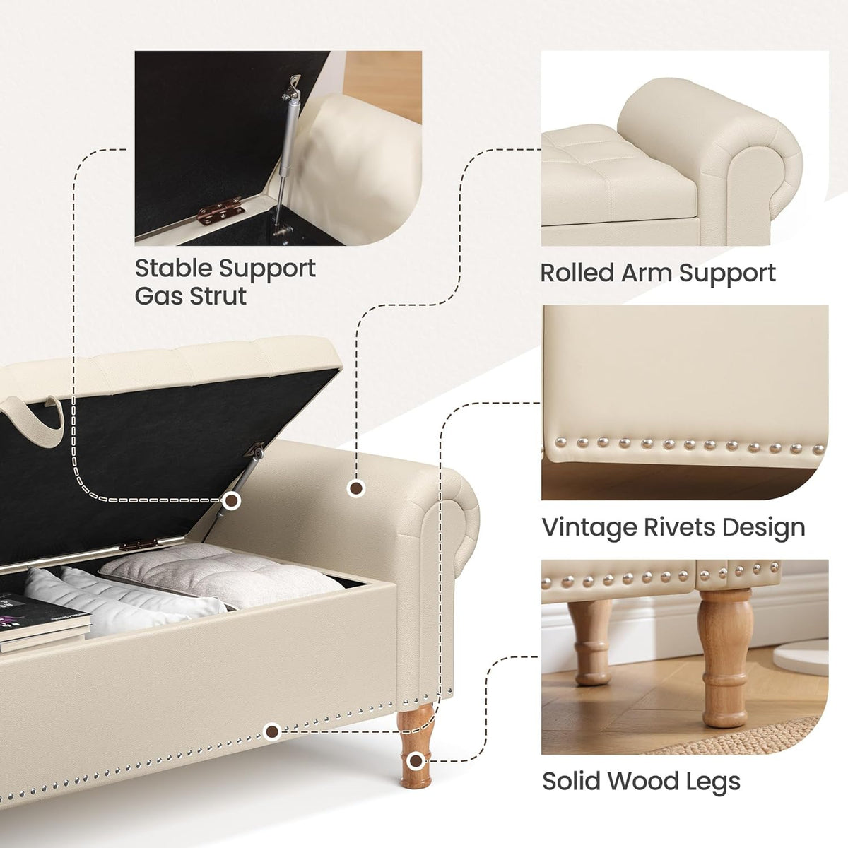 Storage Ottoman Bench for Bedroom, 51" Upholstered Bench with Rolled Arms and Vintage Rivets for Living Room, Full & Queen Leather Storage Bench with Button for Entryway, Beige+Nature Legs