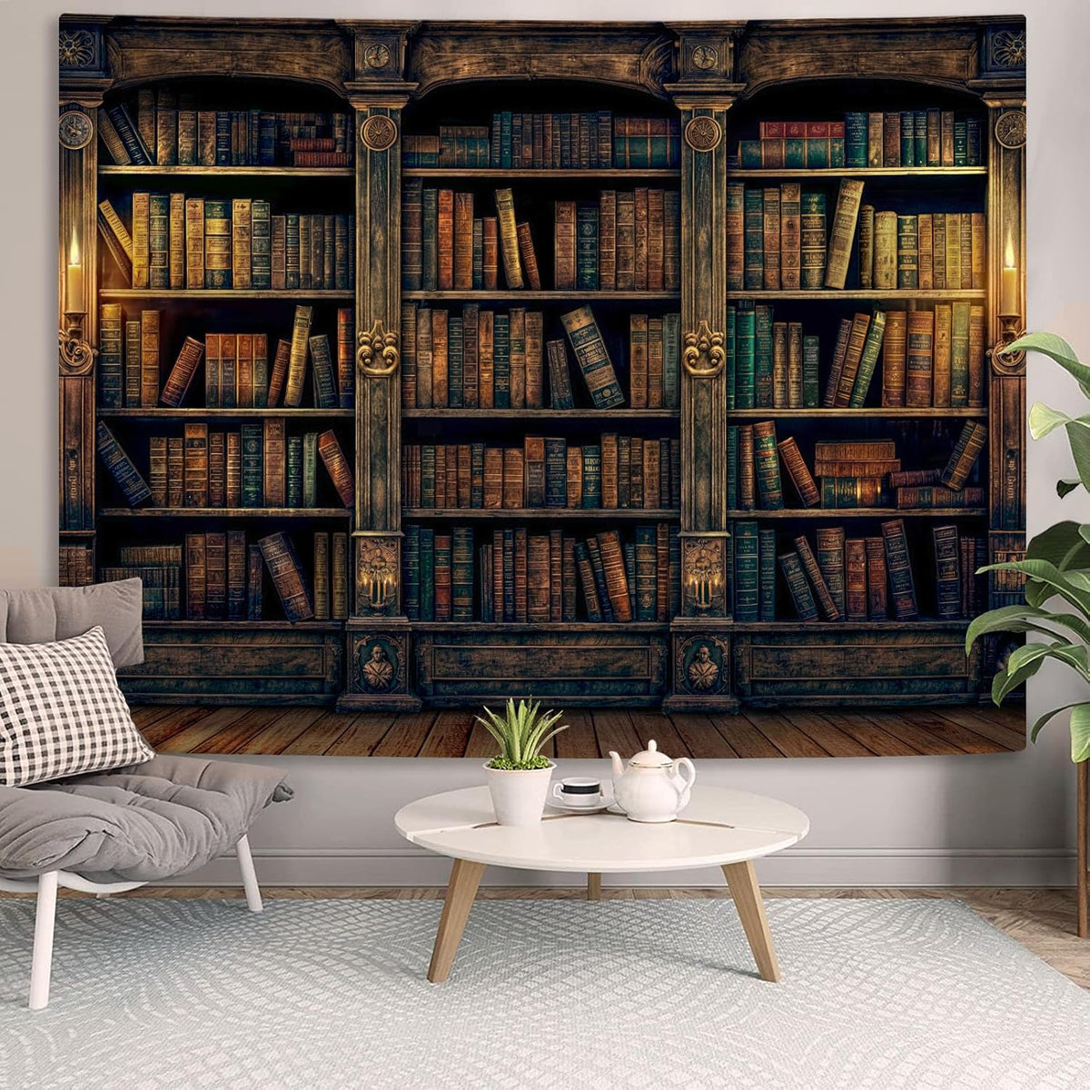 YEXIT Retro Bookshelf Wall Tapestry, Vintage Books Study Library Tapestries for College Dorm Bedroom Magic Caslte Backdrop 60×80 inch