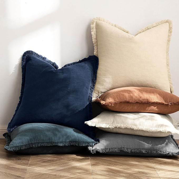 MIULEE Boho Linen Fringe Decorative Throw Pillow Covers Dark Navy 18x18 | Set - Image 4