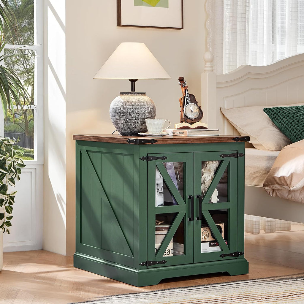 24" End Table with Charging Station, Farmhouse Night Stand with Glass Barn Door, Green Nightstands with Adjustable Storage Shelf, Large Wood Square Bed Side Table for Living Room, Bedroom