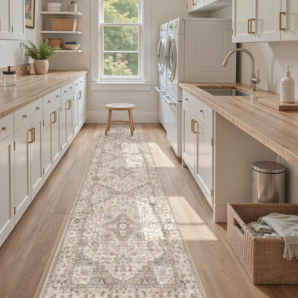 Washable 2.6x12 Runner Rug - Area Rugs Neutral Vintage Distressed Floral Farmhouse Boho Large Soft Floor Rug Indoor Carpet for Hallway Entryway Kitchen Home - Brown/Multi