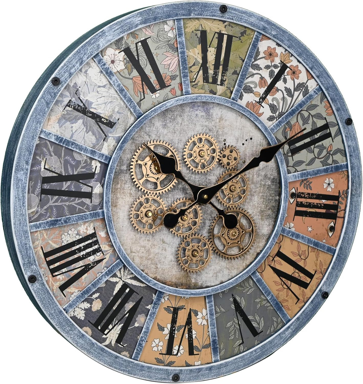 Unique Moving Gear Large Round Wall Clock 21inch-Battery Powered. Retro Industrial Steampunk Country Farmhouse Decor for Living Room Kitchen Bars cafes Offices(Blue/metal/21)
