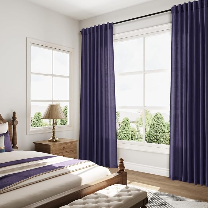 Purple Linen Blend Light Filtering Back Tab Curtains 108 Inches Long, Semi - Image 8