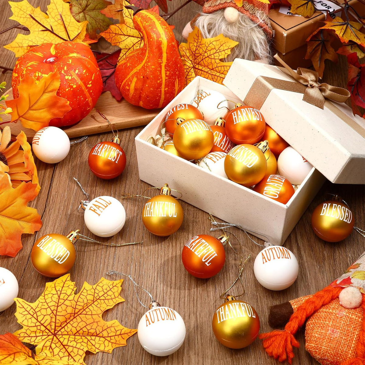 24Pcs Thanksgiving Day Hanging Ball Ornaments, Fall Tree Decorations Autumn Harvest Hanging Ornaments with Rope for Farmhouse Rustic Party Favors Craft Supplies