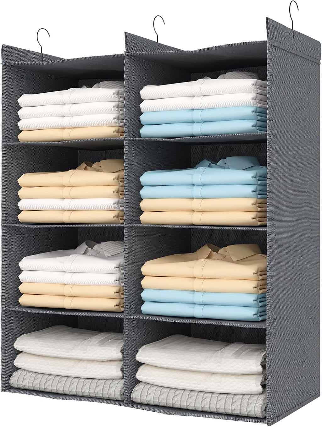 4 Tier Shelf Hanging Closet Organizer, Dual-Row 8 Pocket Cloth Hanging Shelf with 3 Sturdy Hooks for Storage, Foldable (Grey)