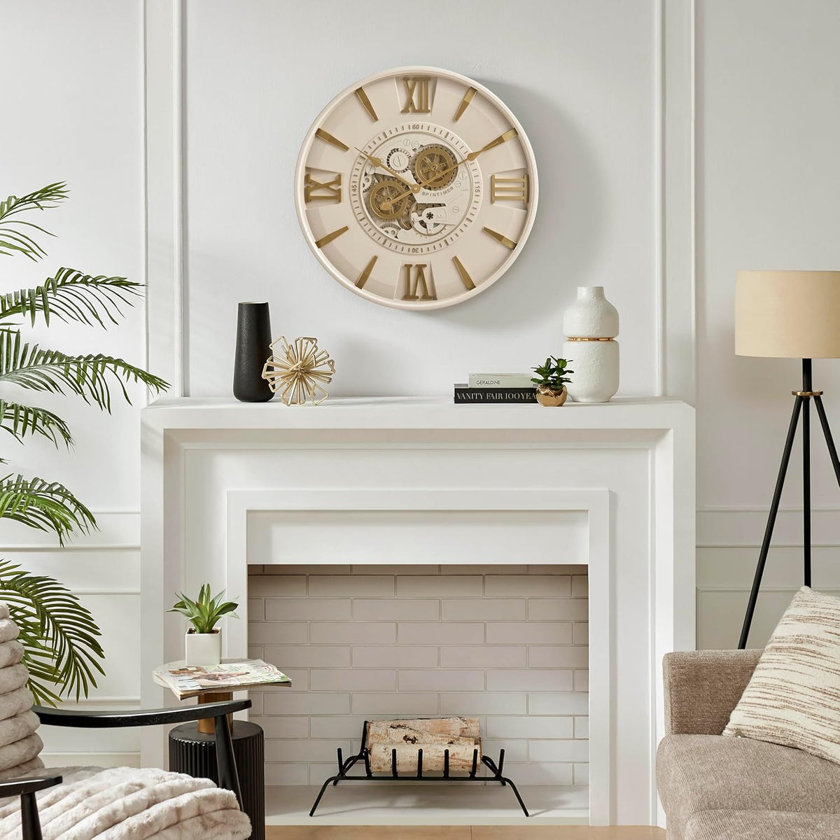 CLXEAST Mid Century Minimalist Modern Wall Clocks,24 Inch Wall Clock with Moving Gears, Large Cream Gold Wall Clocks for Living Room Decor,House Warming Gifts New Home
