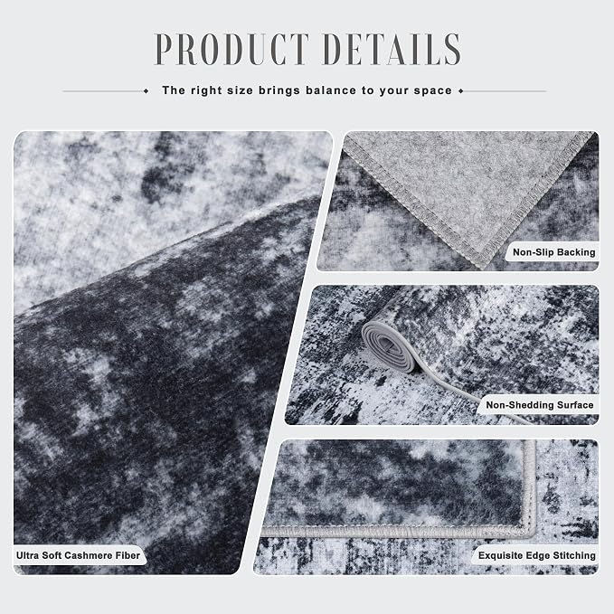 2x6 Washable Runner Rug：Modern Abstract Kitchen Carpet Black | - Image 7