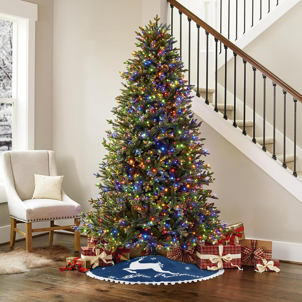 36 Inch Christmas Tree Skirt, Burlap Blue Christmas Rustic Tree Skirt with Elk Deer and White Snowflake Printed for Holiday Party Xmas Tree Decoration