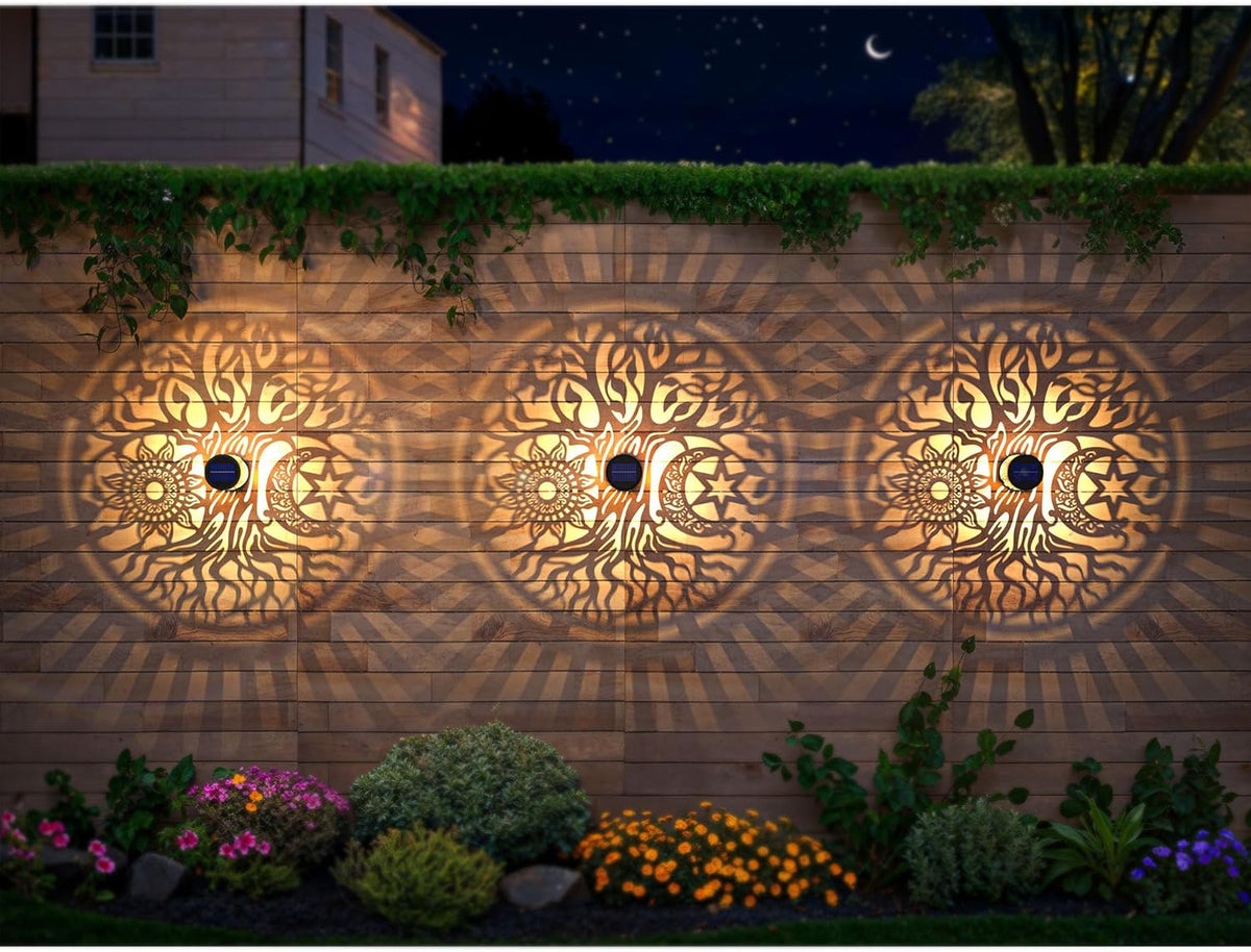 4 Pack Large Solar Fence Lights Metal Solar Powered Outdoor Wall Deck Step Lights Tree Theme Waterproof Fence Light for Garden Post Patio Backyard Yard Decor, Gardening Gifts for Women Mom Grandma