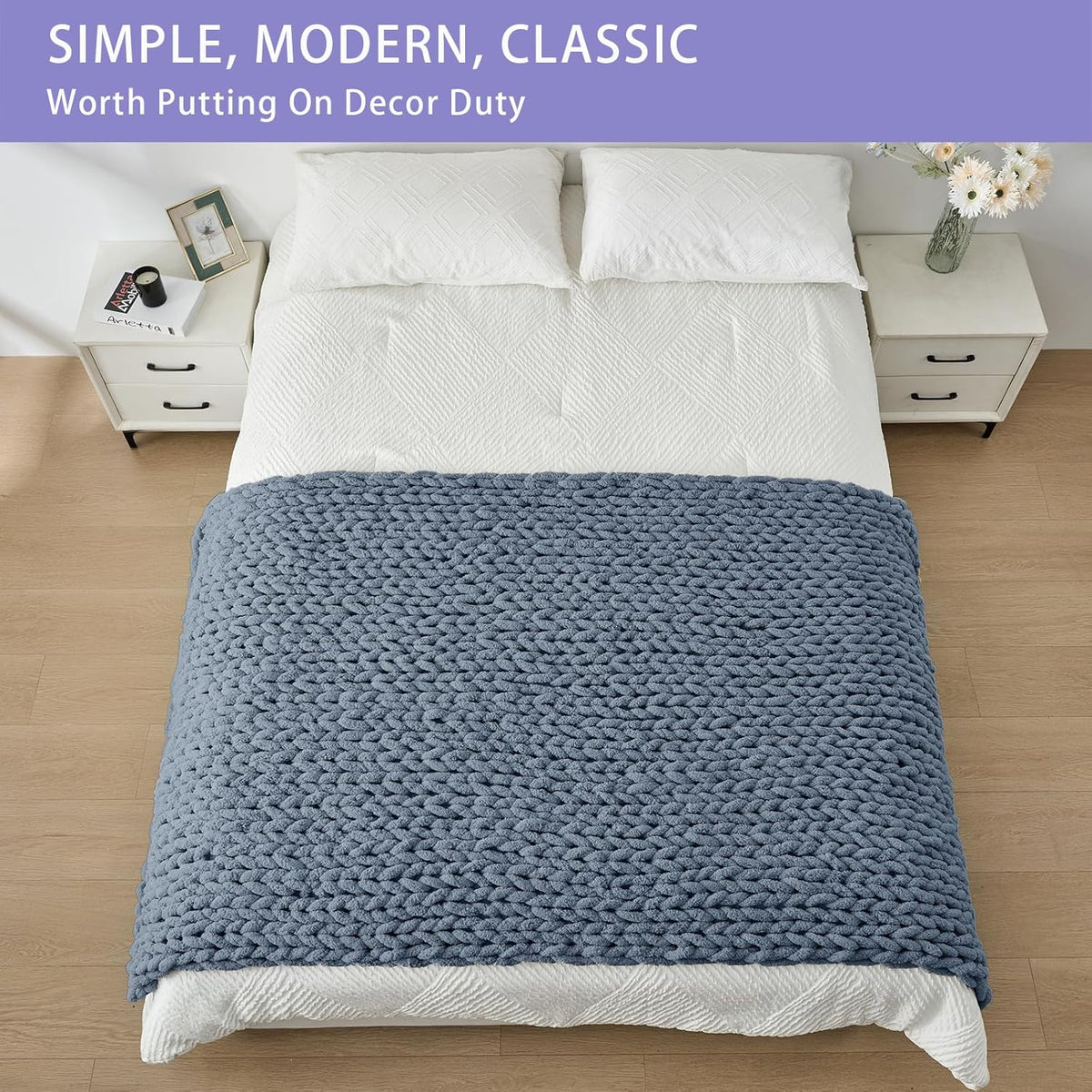 Bigacogo Chunky Knit Throw Blanket for Couch, 40x80 inches, 100% Hand Knitted with Thick Jumbo Chenille Yarn, Cozy Soft Large Rope Knot Cable Crochet Blankets for Sofa Bed Living Room, Cold Sea Blue