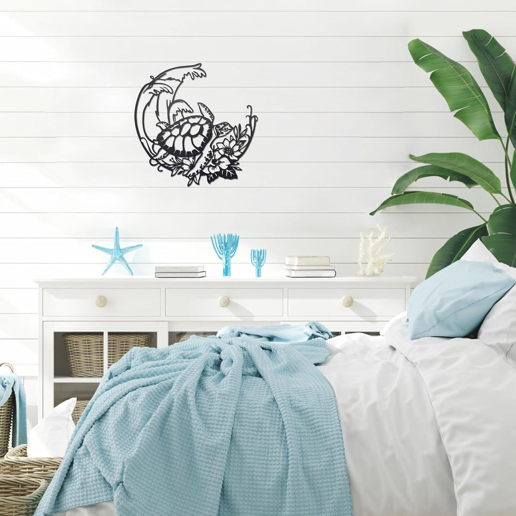 Sea Turtle Wall Decor Beach Theme Art Metal Coastal Turtle Decor Wall Hanging Beach Sculpture Metal Farmhouse Wall Art Room Ornament for Pool Home Lake House Bathroom Indoor Outdoor 11.4" x 11.4"