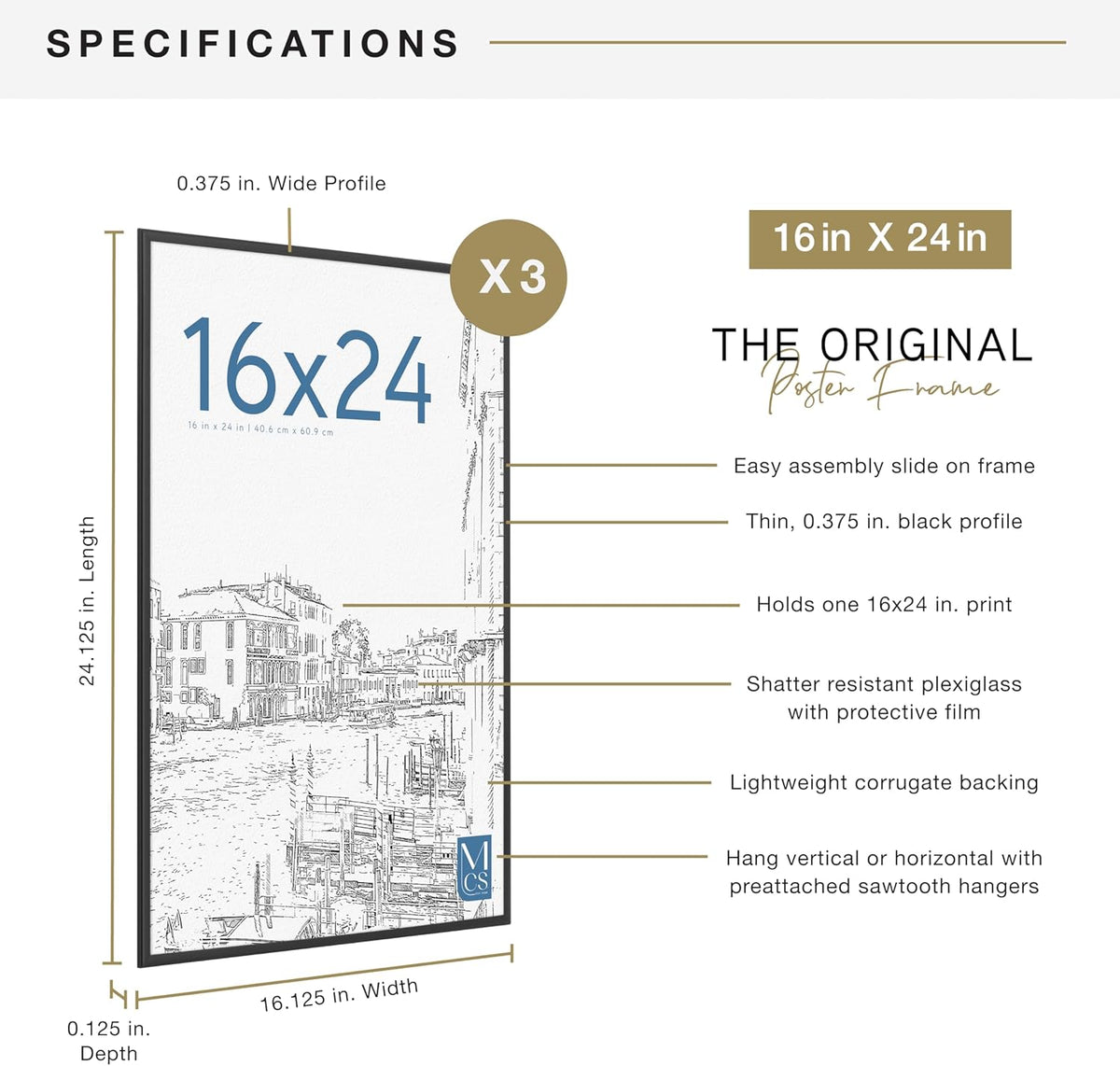 MCS Original Poster Frame 16x24 Black Lightweight Vertical & Horizontal Wall Hanging Large Picture Frame for Posters, Art Prints & Gallery Wall (3-Pack)