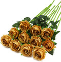 Gold Fake Roses Artificial Flowers - 10 Pcs Fake Artificial Roses Silk Flowers with Stems for Home Wedding Hotel Office Centerpiece Decor
