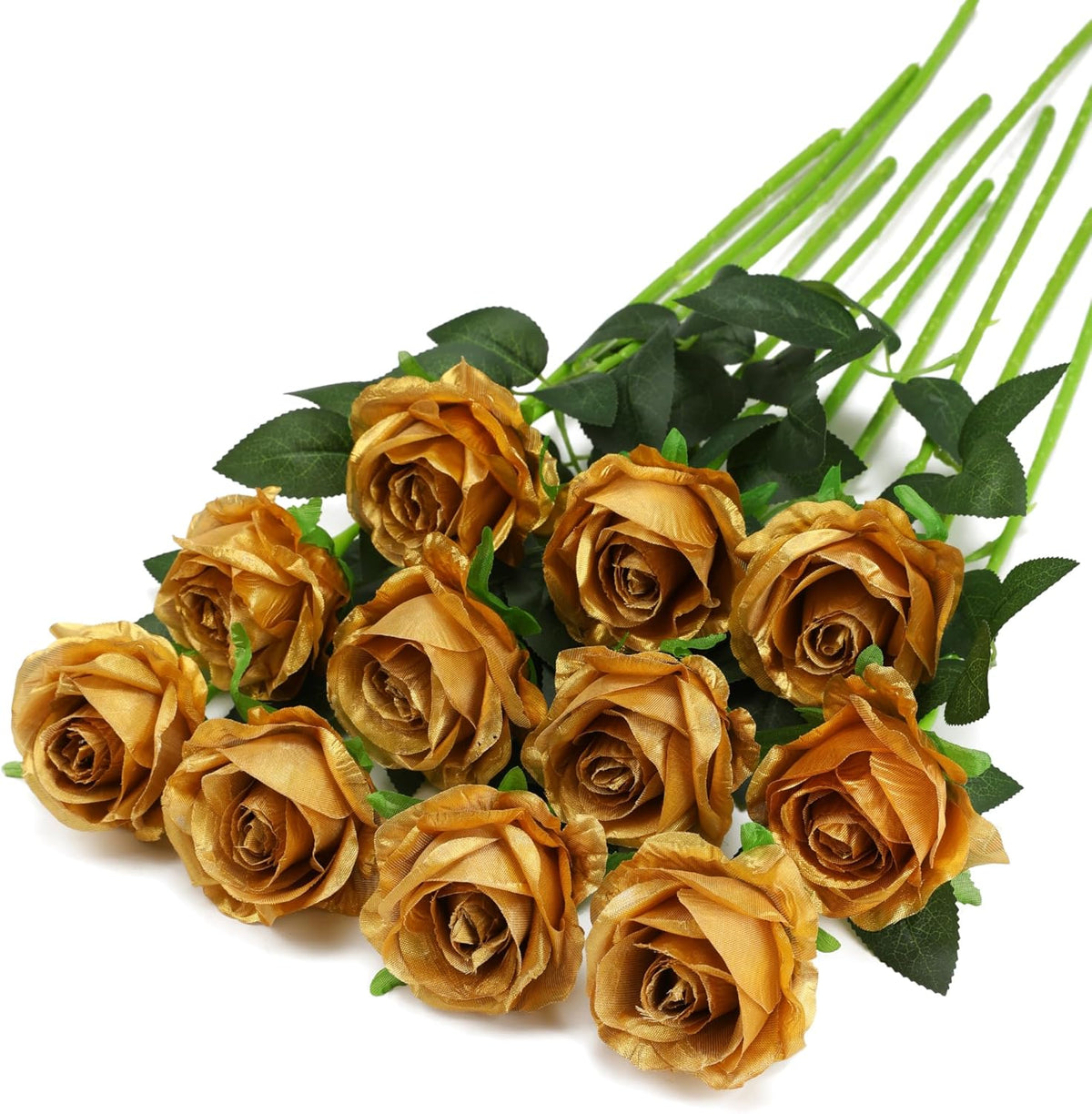 Gold Fake Roses Artificial Flowers - 10 Pcs Fake Artificial Roses Silk Flowers with Stems for Home Wedding Hotel Office Centerpiece Decor