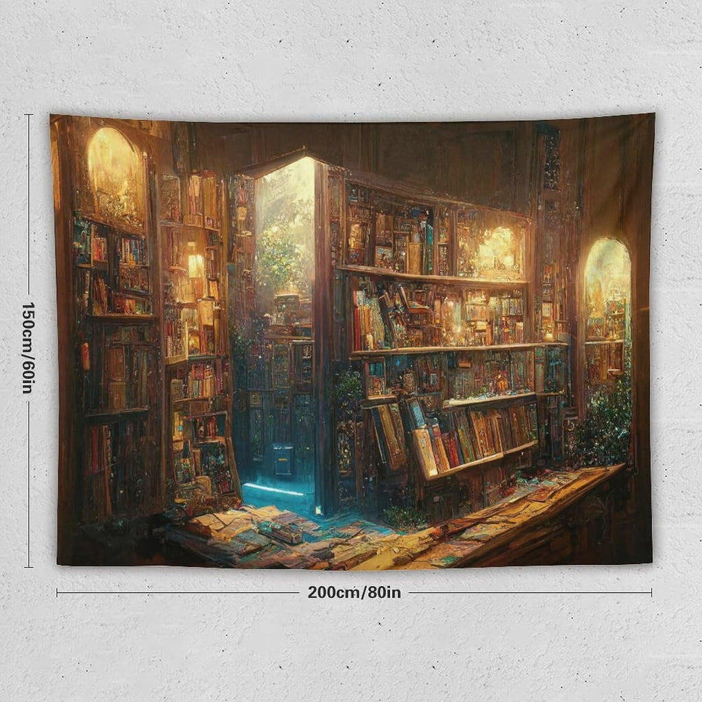 Kurtect Bookshelf Tapestry,Vintage Style Library Watercolor Art Theme Pattern Print Tapestries for Party Beach Picnic Blankets Tablecloths Living Room Wall Deocr, 60x80 in