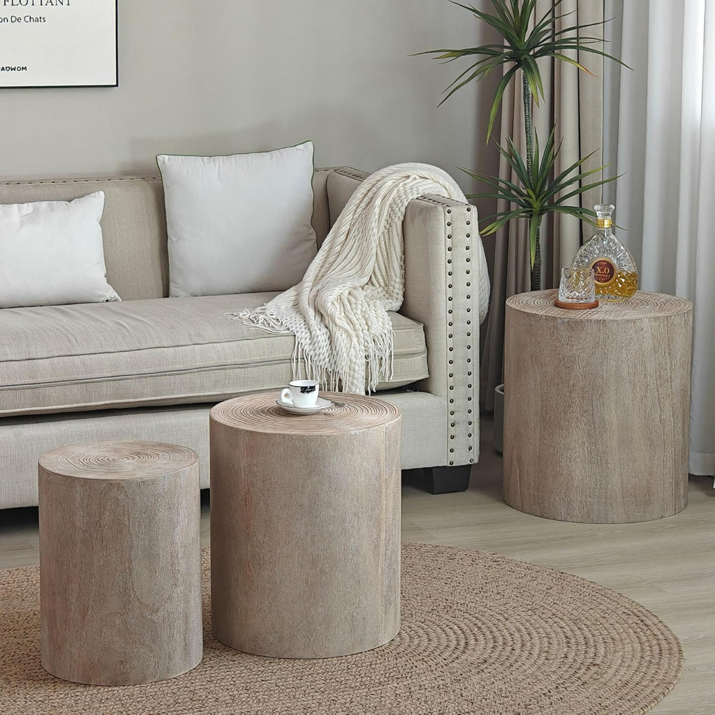 Round Nesting Coffee Table Set of 3, Small Pedestal Stand, Modern Circle Coffee Tables, Wooden Accent Side Table End Footstools for Living Room Office Bedroom, Farmhouse, Rustic