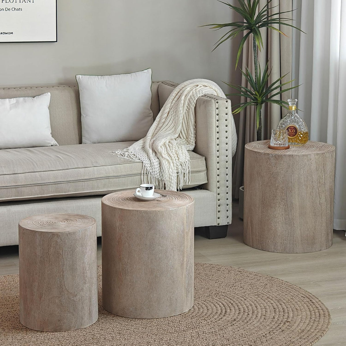 Round Nesting Coffee Table Set of 3, Small Pedestal Stand, Modern Circle Coffee Tables, Wooden Accent Side Table End Footstools for Living Room Office Bedroom, Farmhouse, Rustic