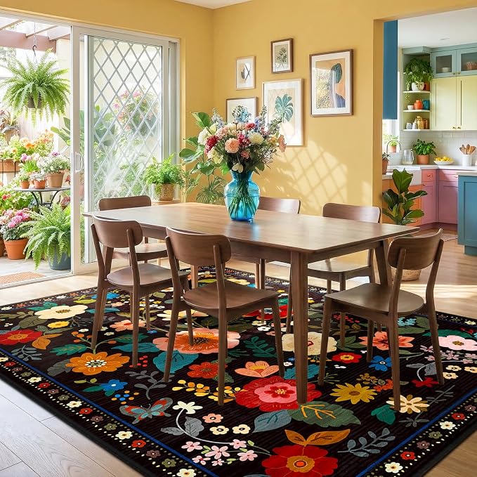 RELEANY Floral Washable 6x9 Area Rugs Black | Flower Carpet Print Boho Cute Non - Image 2