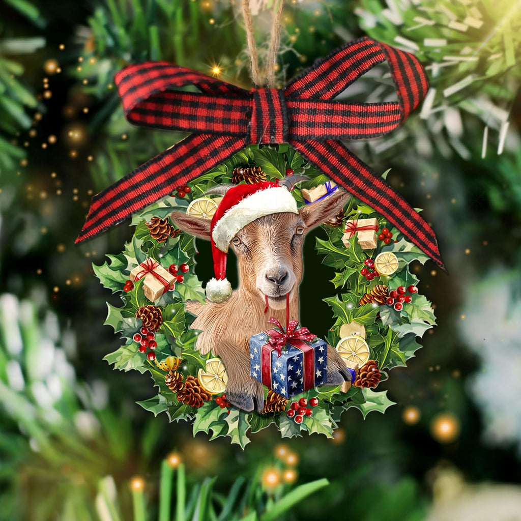 Talataca Goat Wearing A Christmas Hat Wreath Farm Animal Lover 2D Flat Christmas Tree Wood Ornament Decor Wooden Hanging Decoration House Present Xmas Eve Keepsake Decorative