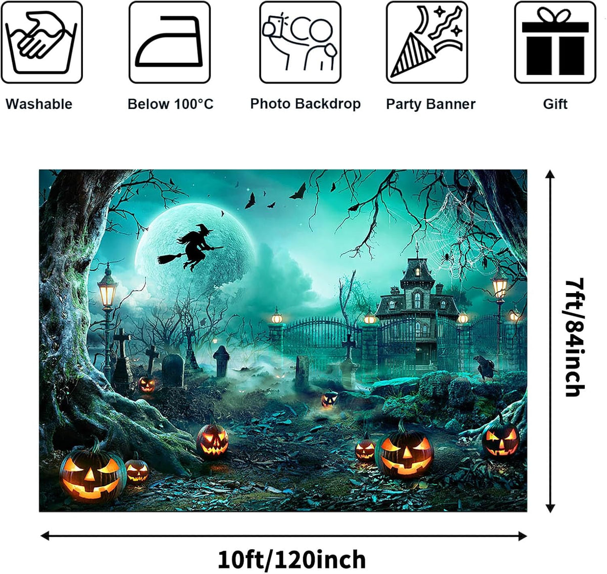 Avezano Halloween Photography Backdrop Full Moon Scary Night Castle Pumpkins Party Background Spooky Witch Bats Cemetery Child Kids Halloween Party Decorations Photoshoot Backdrops (10x7ft, Green)