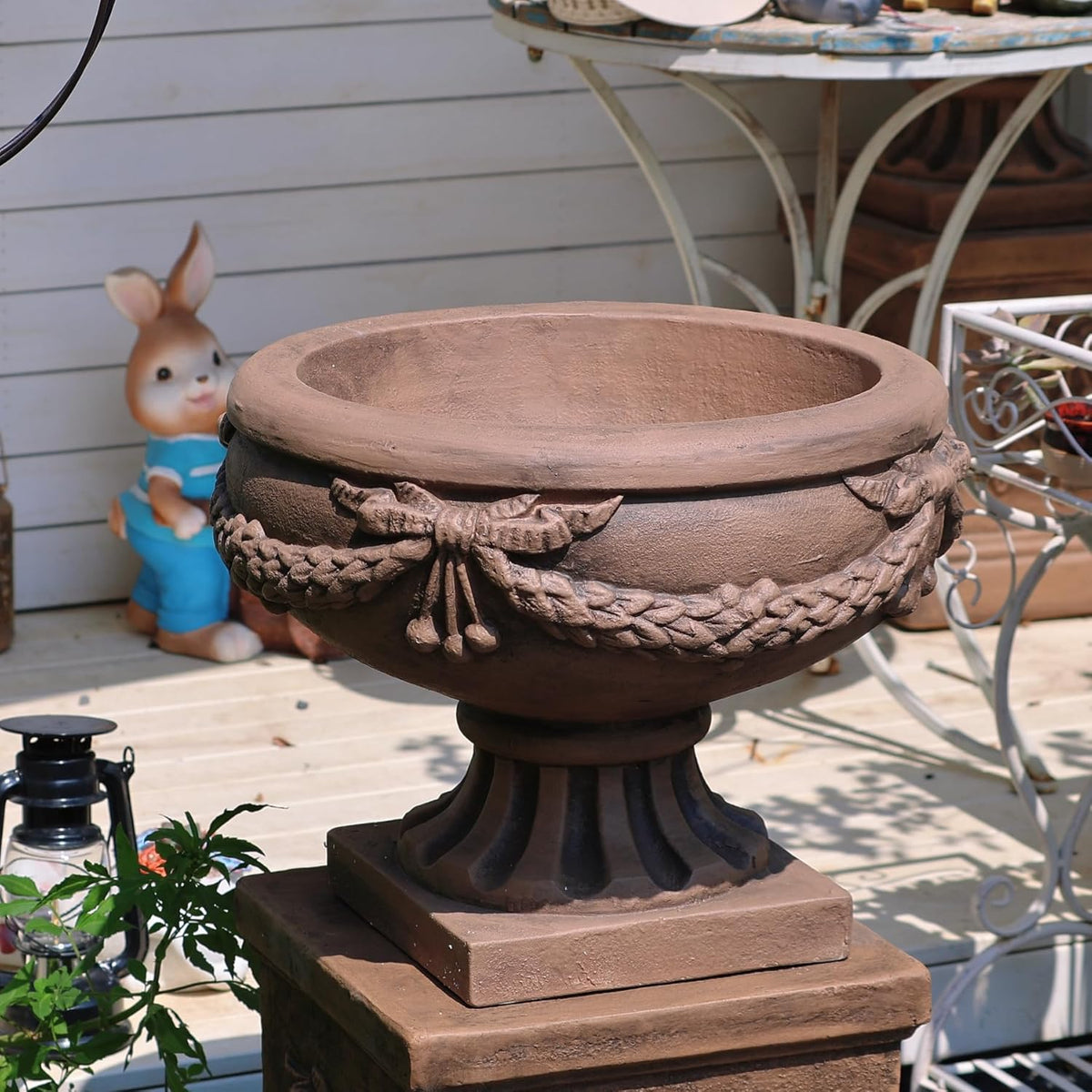 Vintage Garden Urn Planter with Pedestal, Cement and Fiber, Maked Bronze Color, Decorative Leaf Pattern, 30 Inch Height, Wrap Foam Safely Delivered from Local Warehouse (Bronze)