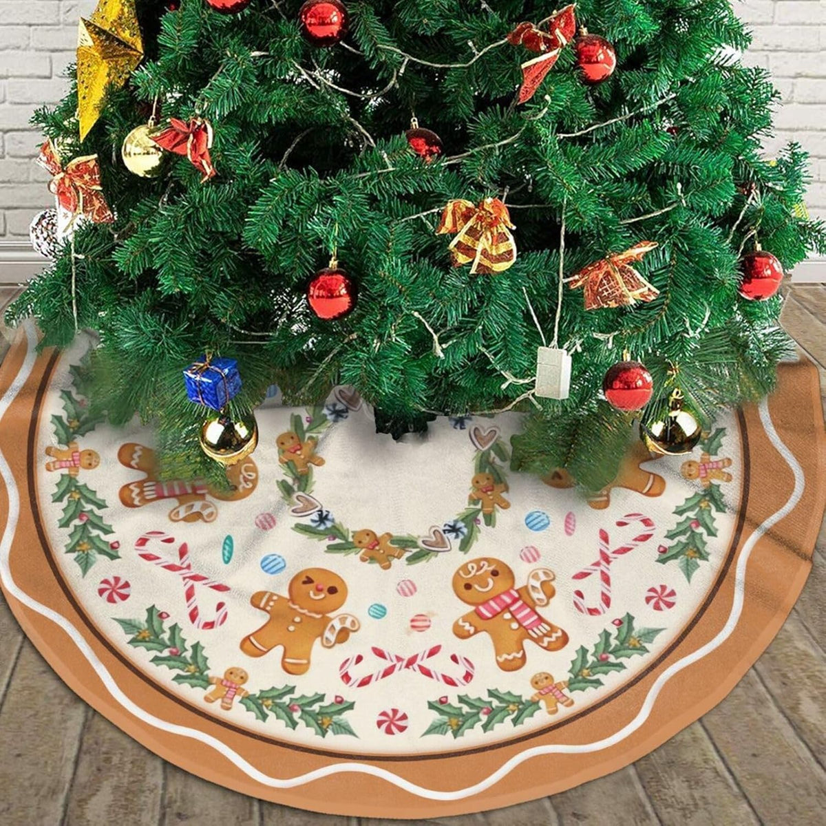 Christmas Tree Skirt,Gingerbread Xmas Tree Skirt Rustic Farmhouse Tree Skirt for Christmas Decor Xmas Holiday Home Party Decorations30