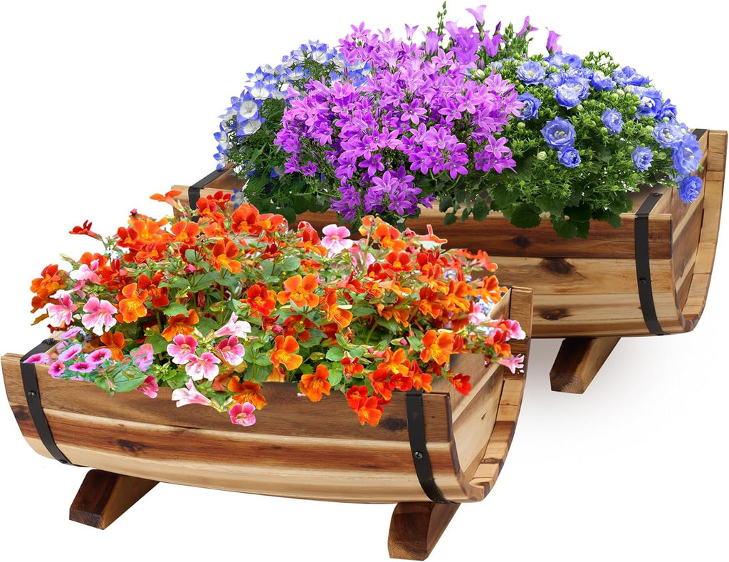 IDZO Solid Acacia Wood Half Barrel Planters Outdoor Set of 2 Different Sizes, Wooden Planters for Outdoor Plants with Metal Bands & Drainage Holes, Legs Included, Natural