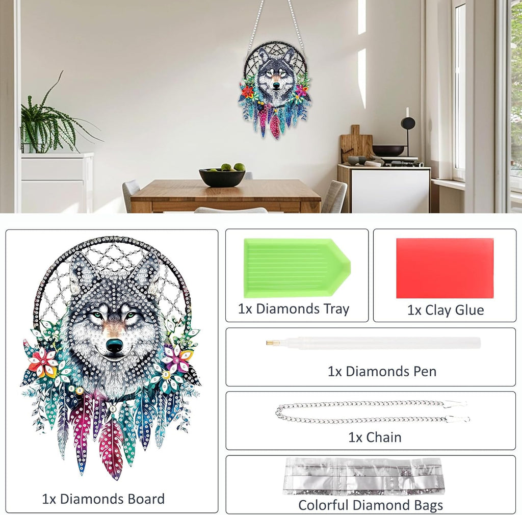 SENQAO Wolf Diamond Art Hanging Kit for Adult, Special Shaped Rhinestone, Double Sided DIY Acrylic Diamond Art Painting Window Pendants Home Garden Wall Hanging Kits Hanging Ornament (Dream Catcher)