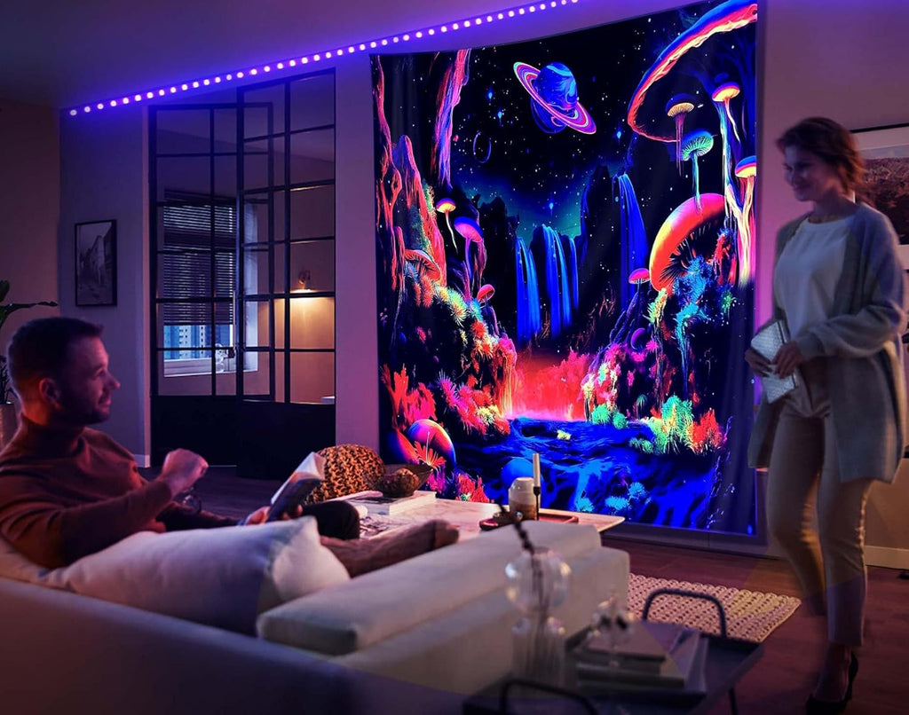 ADDWel Blacklight Mushroom Planet Tapestry, Black Fantastic Tapestry Glow In The Dark, UV Reactive Black Light Posters Wall Hanging for Bedroom Dorm Living Room Backdrop Decor