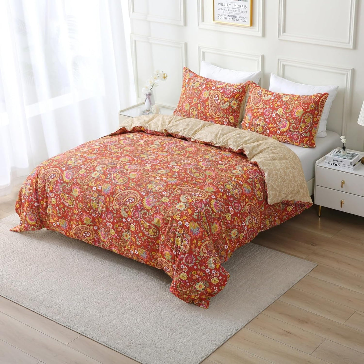 ABREEZE Paisley Bedding Sets 3Pcs Brushed Cotton Duvet Cover Set Queen Size Rustic Damask Red Floral Comforter Cover with Zipper Closure Boho Bedding Collections