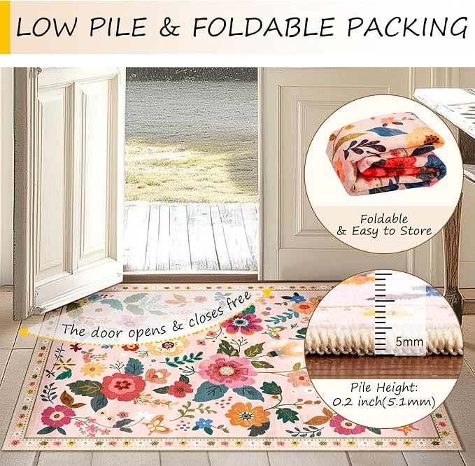 RELEANY Floral Washable Square 4ft Area Rug Pink | Flower Carpet Print Boho - Image 4