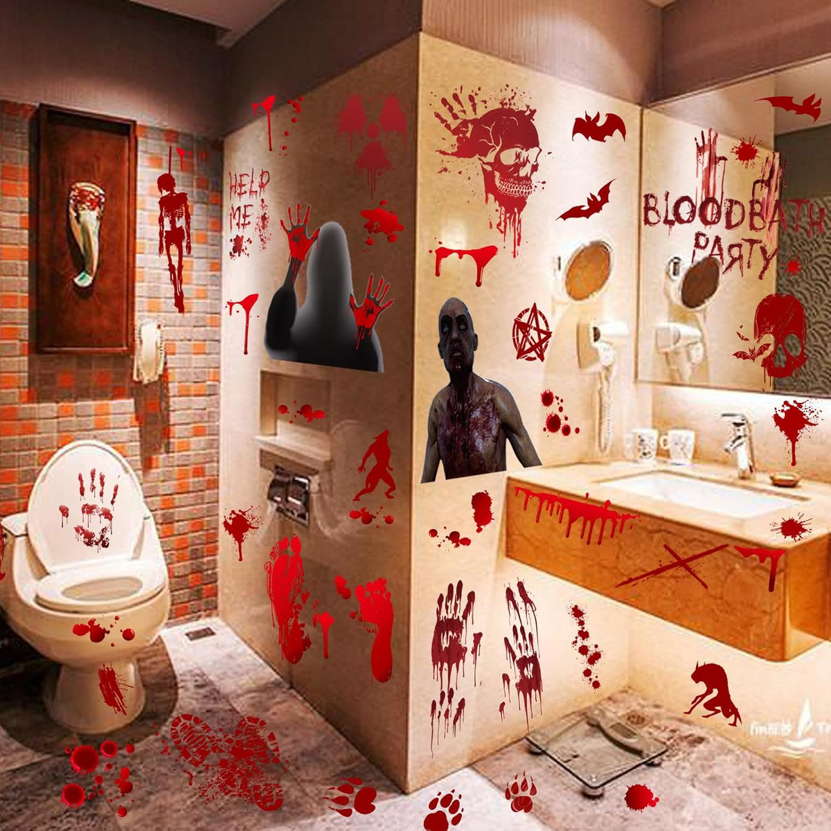 MSQ 73 Pcs Bloody Window Stickers - Removable Handprint & Footprint Decals for Halloween Party Decorations - Horror Window Stickers 9 Sheets
