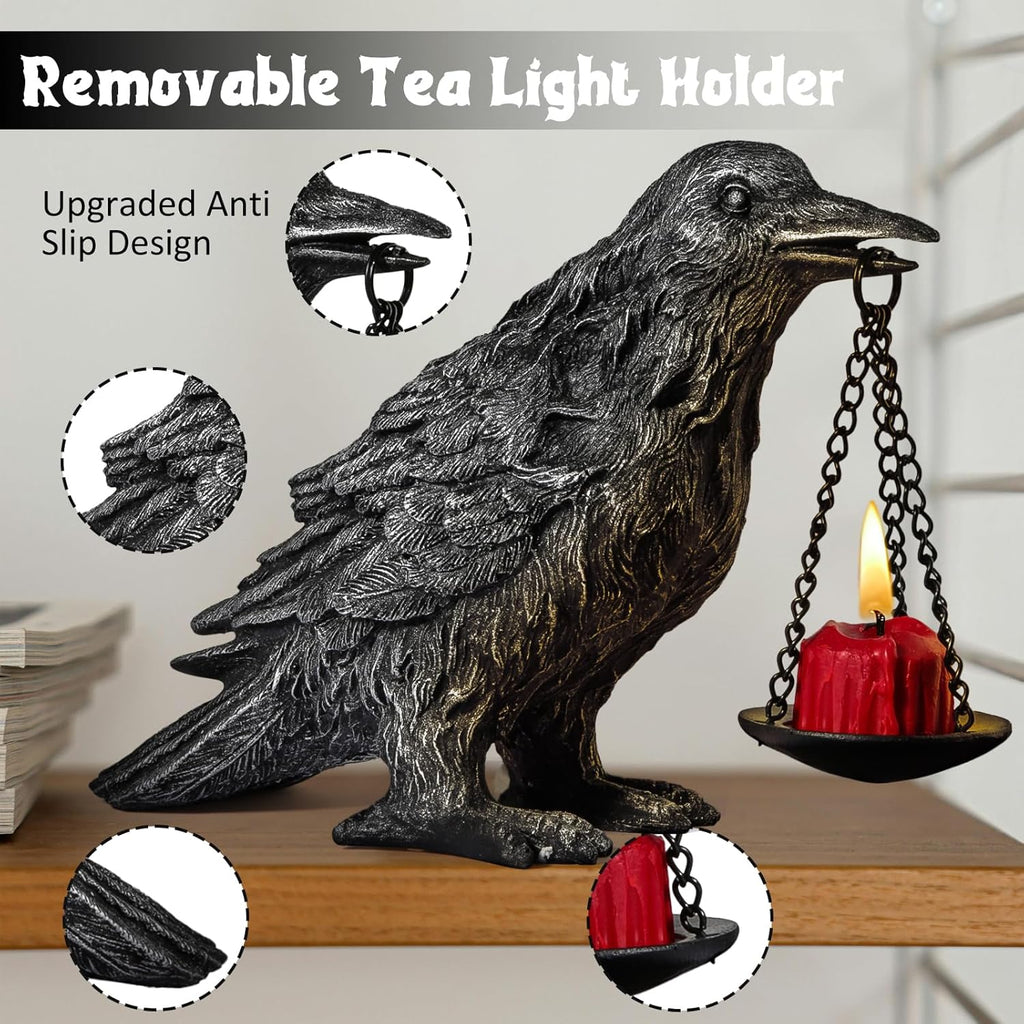 Gothic Home Decor Fake Crow Light Holder Raven Lamp Tealight Candle Holder Resin Statue Half Silver