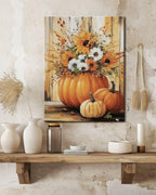 Rustic Autumn Fall Floral Pumpkin Wall Art Decor, Fall Floral Botanical Print for Thanksgiving Decorations, Autumn Wall Art Print for Farmhouse Living Room Bedroom Fall Decor, Ready to Hang