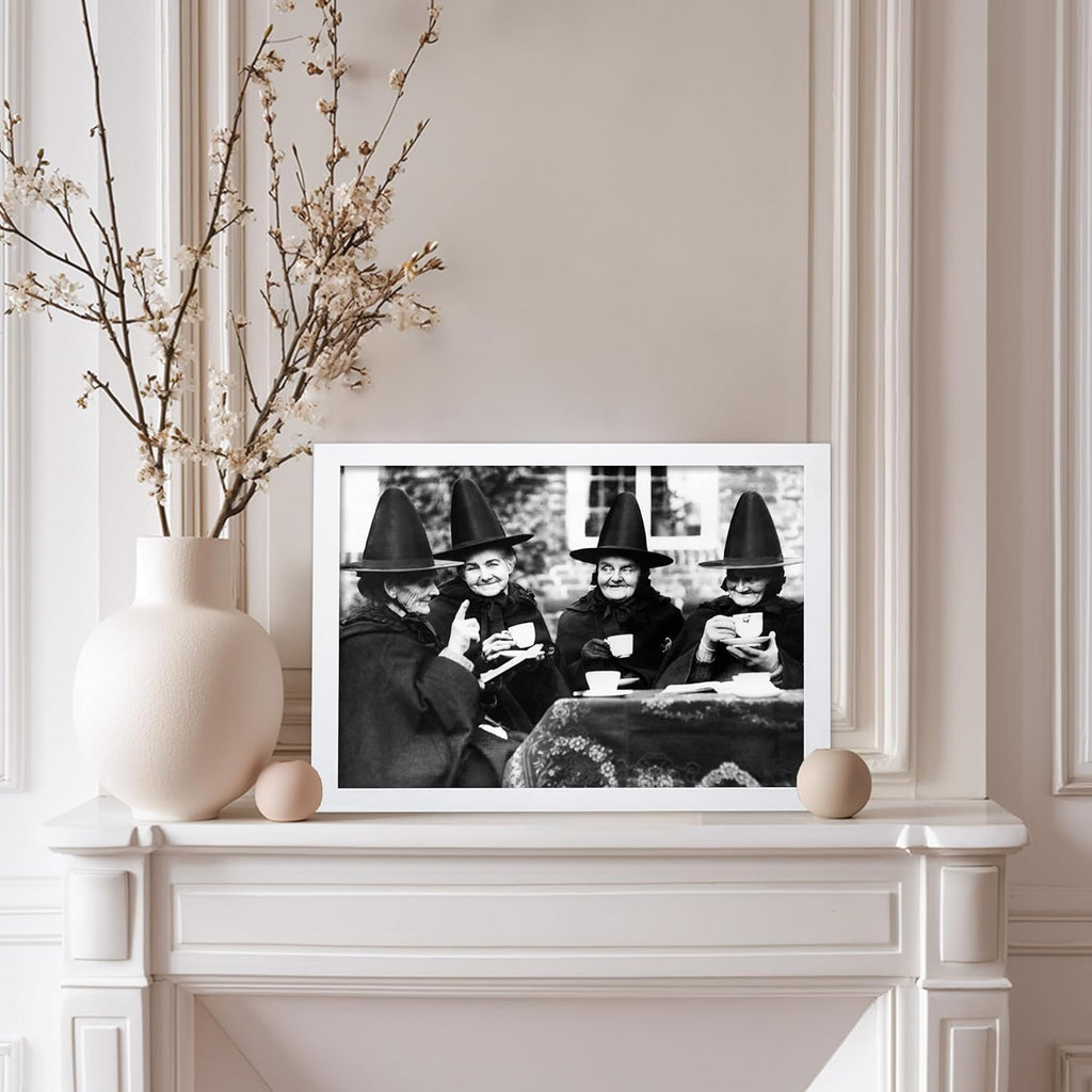Poster Master Classic Photograph Poster - Vintage Halloween Print - Gift for Artist, Friend - Witches Tea Party, Old Women Smiling, Wearing Robes - Wall Decor for Living Room, 8x10 White Framed