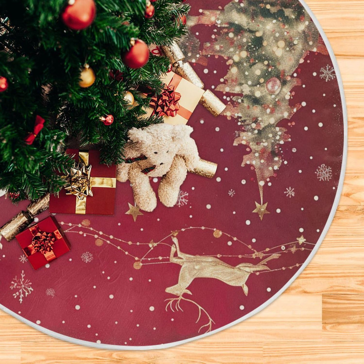 48 Inch Christmas Tree Skirt With Reindeer - Xmas Tree Mat for New Year Party Decorations