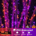 Purple Orange Halloween Lights Outdoor, 66FT 200 LED String Lights for Outside with 8 Modes Waterproof, Plug in Twinkle Tree Light Green Wire for Indoor Bedroom Garden Patio Party Decorations