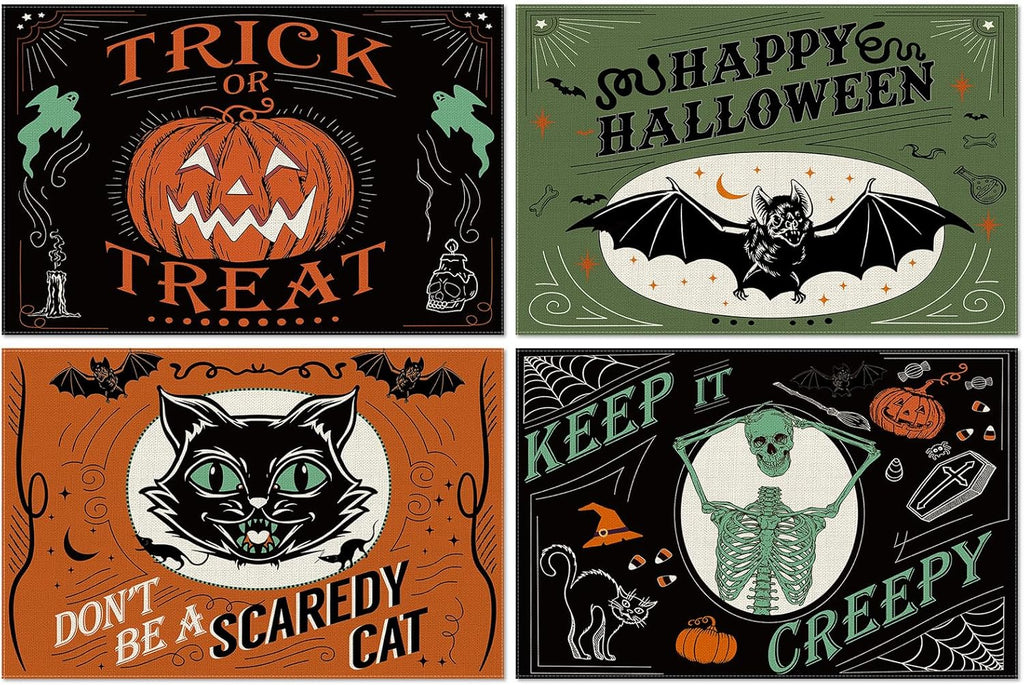 4Pcs Halloween Placemats Pumpkin Bat Black Cat Skeleton Table Mat Vintage Decorative Place Mats for Party Table Setting Decor, 12 x 18 Inch