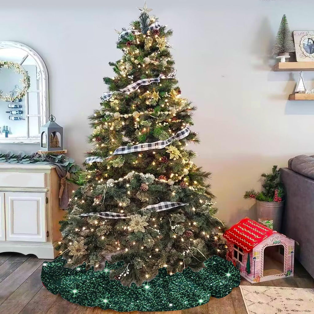 MODFUNS Green Christmas Tree Skirt Black 46 Inches Mermaid Sequin Tree Skirts Thick Velvet Tree Mat Artificial Glitter Tree Cover Skirt for 6FT Tree Shimmer Rustic Tree Skirt Fabric Decorations