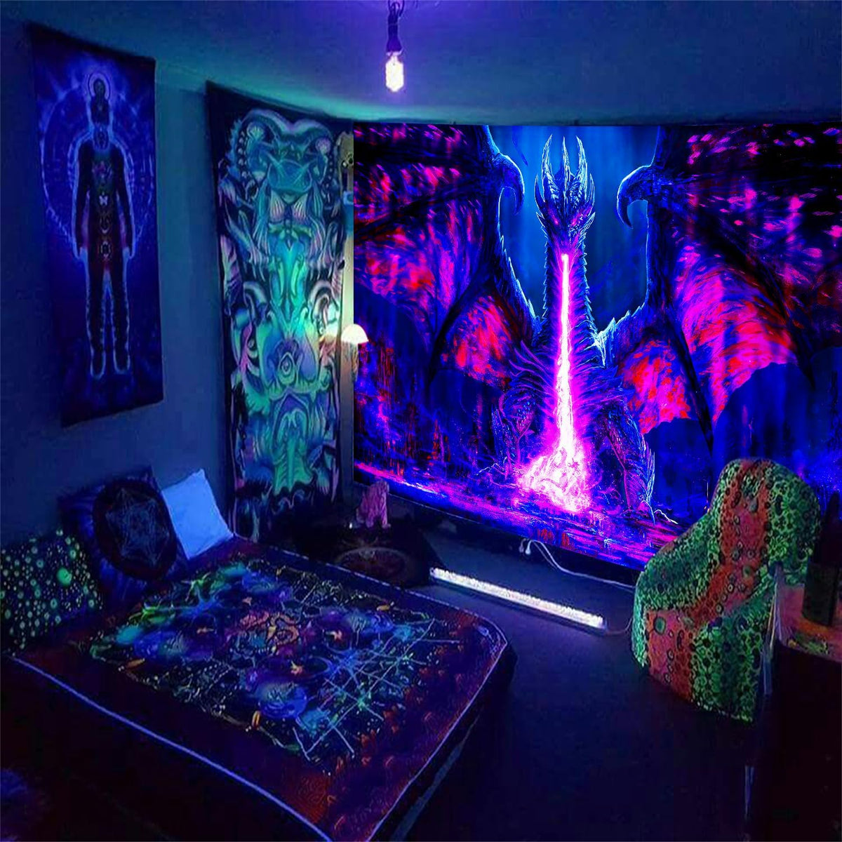 ADDWel Blacklight Dragon Tapestry, Cool Evil-Dragon Tapestry Glow In The Dark, UV Reactive Black Light Posters Wall Hanging for Bedroom Dorm Living Room Backdrop Decor