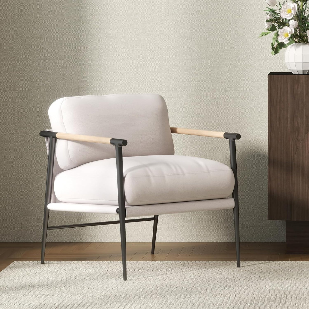 Mid-Century Accent Chair, Soft Armchair Chenille Fabric Lounge Chair with Black Metal Legs, Upholstered Leisure Chair for Living Room Bedroom Reception Room, 1PC, Beige