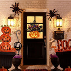 Halloween Pumpkin Decorations, Lighted Jack-O-Lantern with Maple Leaves Berries Black Cat, Halloween Door Sign Wood Pumpkin Lights for Front Door Indoor Outdoor Yard Party Cartoon Hanger Decor