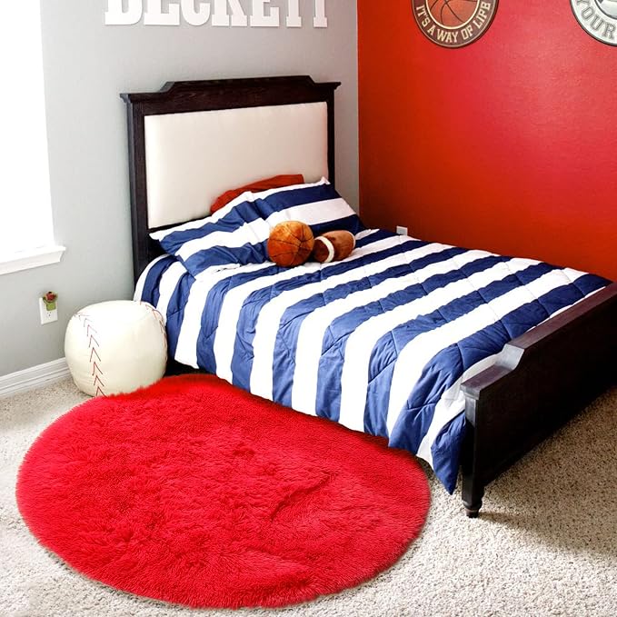 Amdrebio Red Fluffy Round Rug 5Ft - Image 5