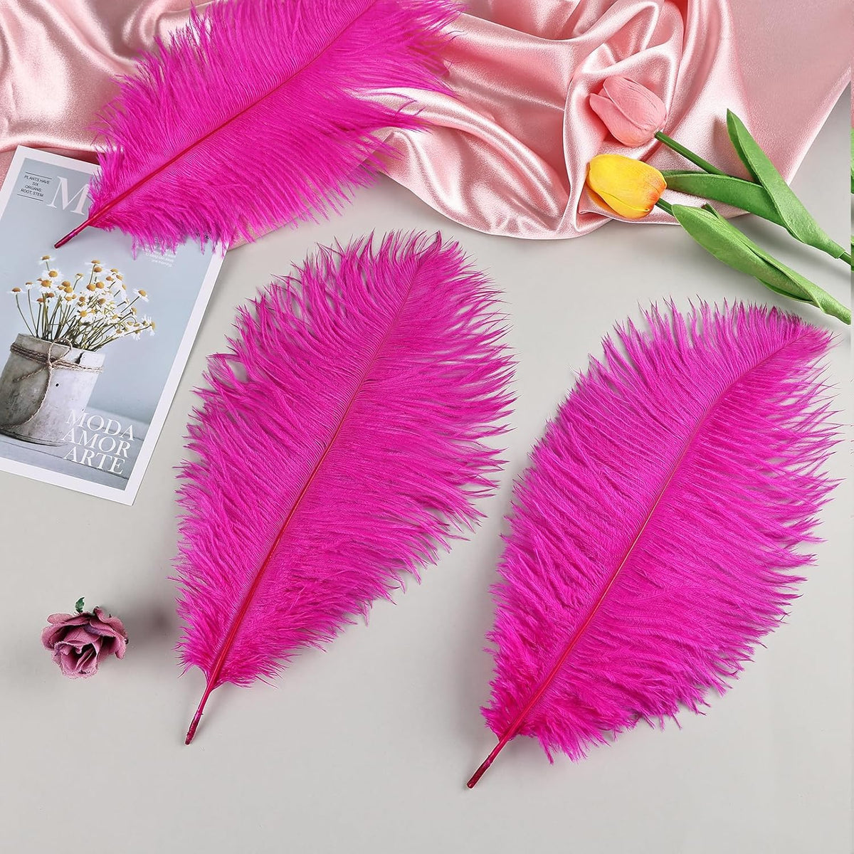 THARAHT Hot Pink Ostrich Feathers 24pcs Natural Bulk 8-10Inch 20cm-25cm for Crafts Wedding Party Centerpieces Easter Gatsbi and Home Decoration Feathers