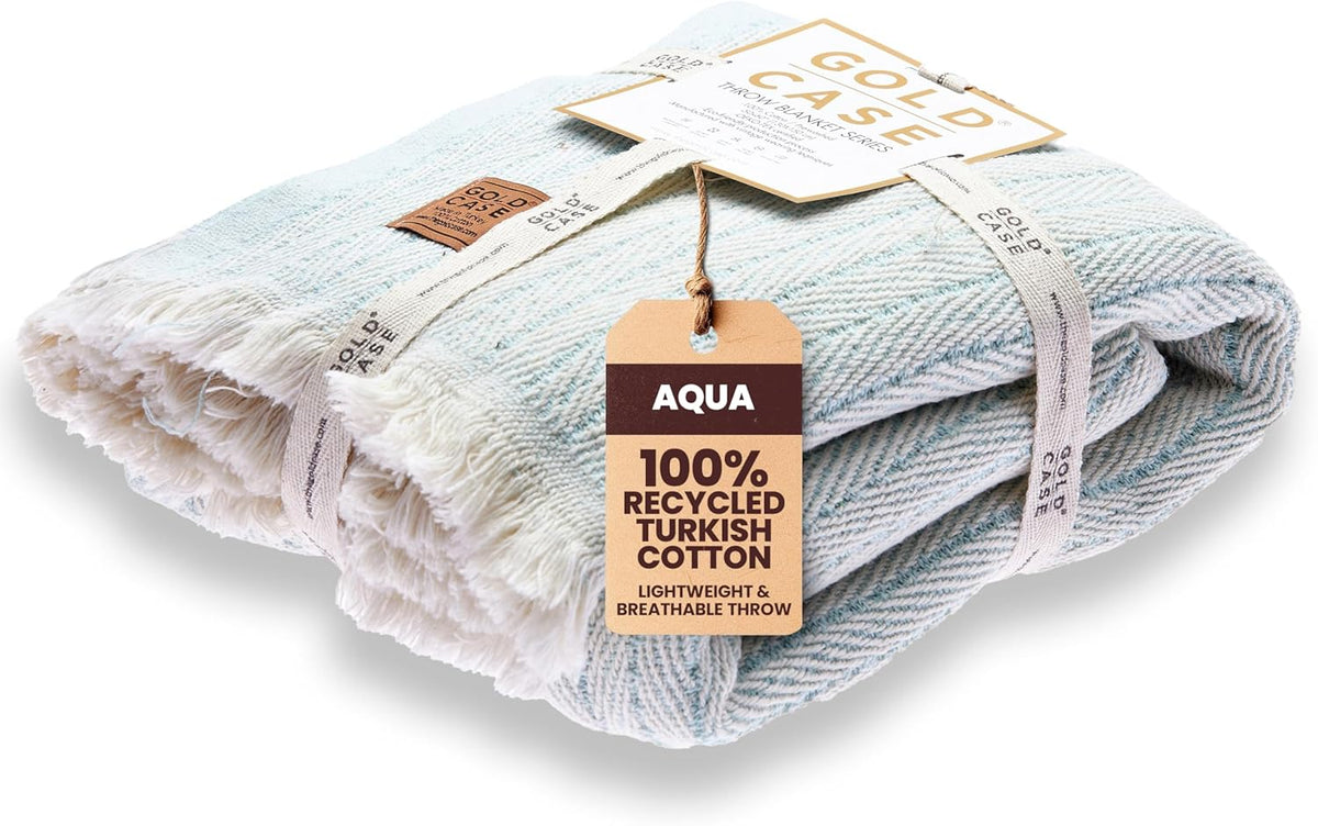 Gold Case Throw Blanket for Couch – 100% Recycled Turkish Cotton Blankets & Throws – Elegant Decorative Throw Blankets for Living Room Sofa – Woven Throws for Couch – Vintage Aqua– 50x60