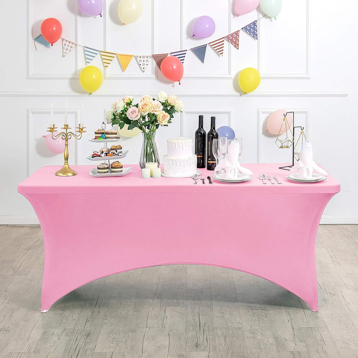 2Pack Spandex Table Cover for 8FT or 4ft or 6ft Table Universal Fitted Stretch Tablecloth for Party, Banquet, Wedding and Events-Pink
