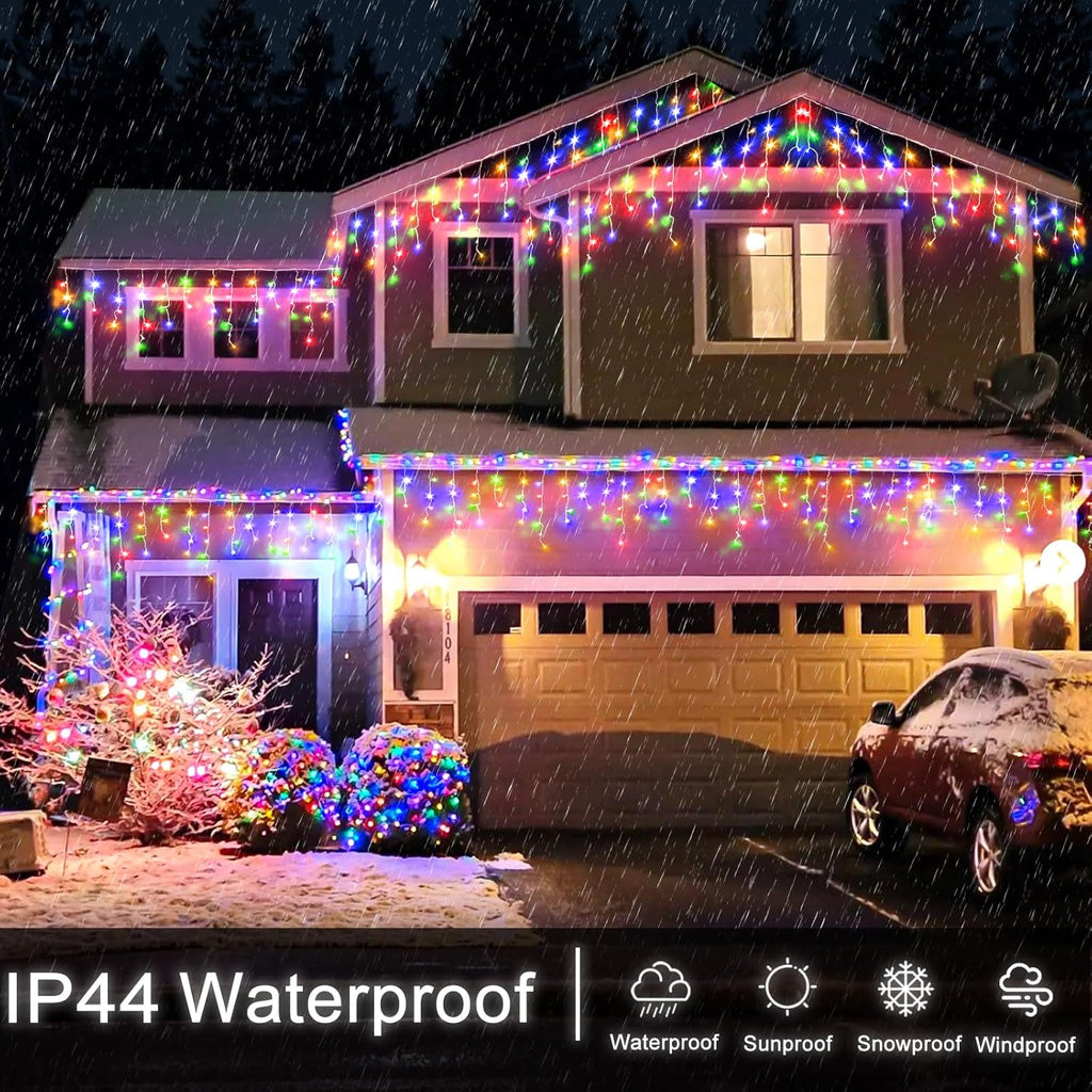 Icicle Christmas Lights Outdoor - 33ft 400 LED Icicle Lights for Outside with 75 Drops, Waterproof Plug in Christmas Light with Timer for Party, Holiday, Wedding, Christmas Decoration, Multicolor