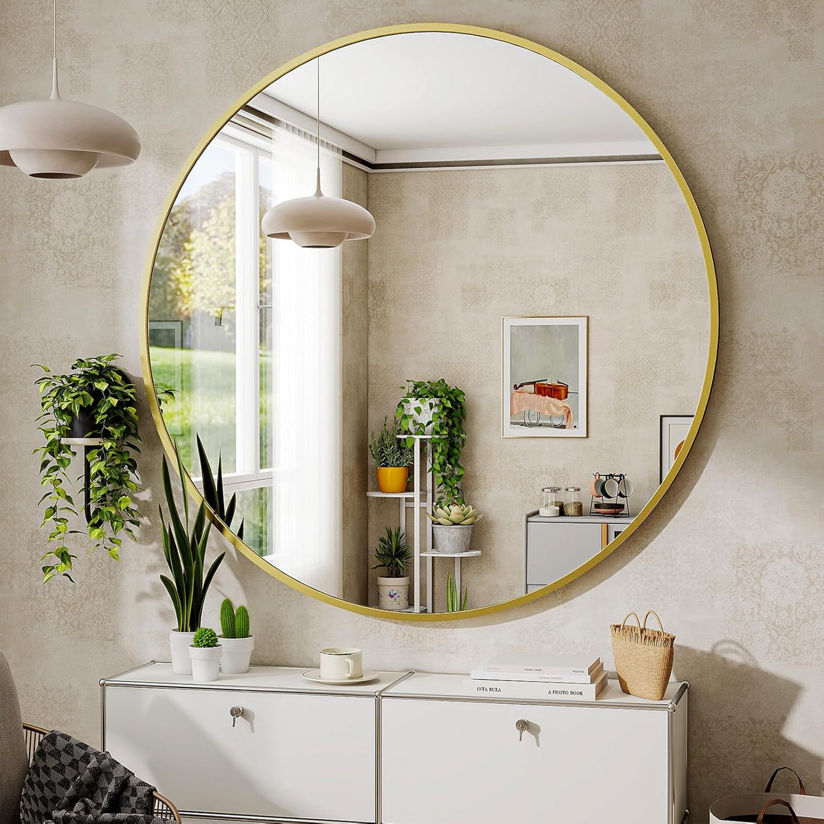BEAUTYPEAK 24 Inch Round Mirror, Metal Frame Circle Mirror, Wall Mounted for Entryway, Bathroom, Vanity, Living Room, Gold