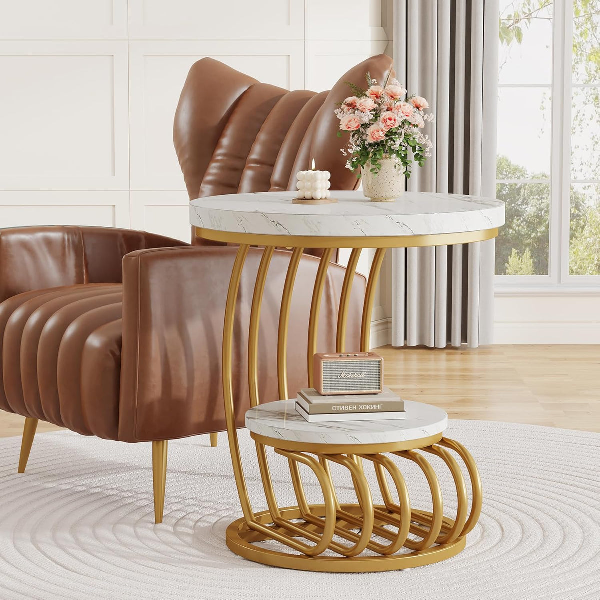 Tribesigns Gold Round End Table: 2 Tiers Faux Marble Side Table with Storage Shelf, Modern White Gold Bedside Nightstand, Metal Arc-Shaped Frame Accent Table for Living Room, Bedroom